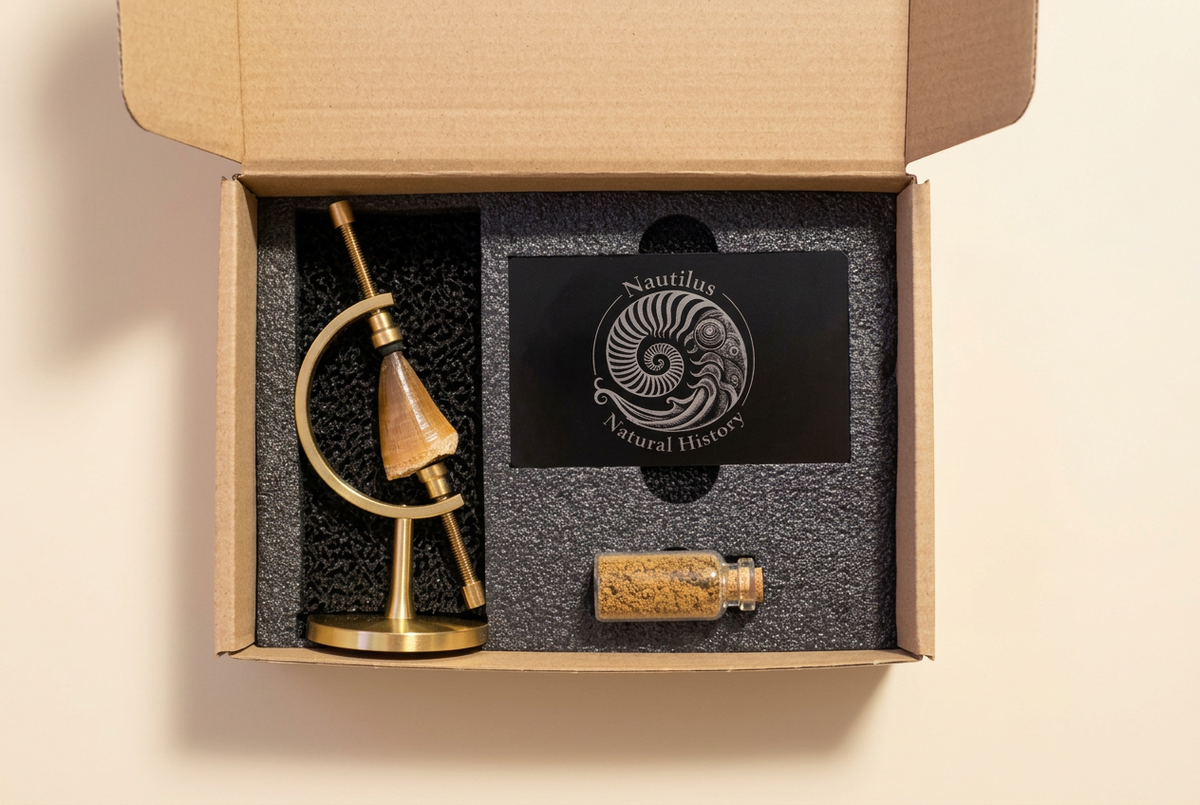 Sorgfältig verpacktes Fossil vor warmem Creme-Beige-Hintergrund