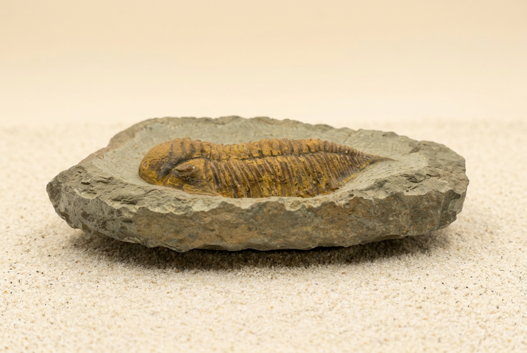Trilobit in flacher Seitenansicht auf warmem Sandhintergrund