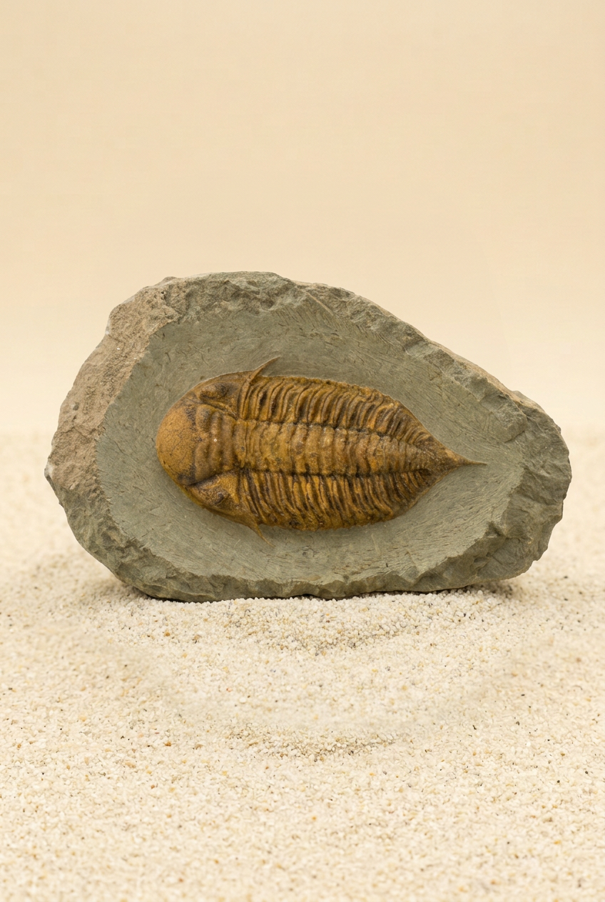 Trilobit in Seitenorientierung mit warmem Sandhintergrund