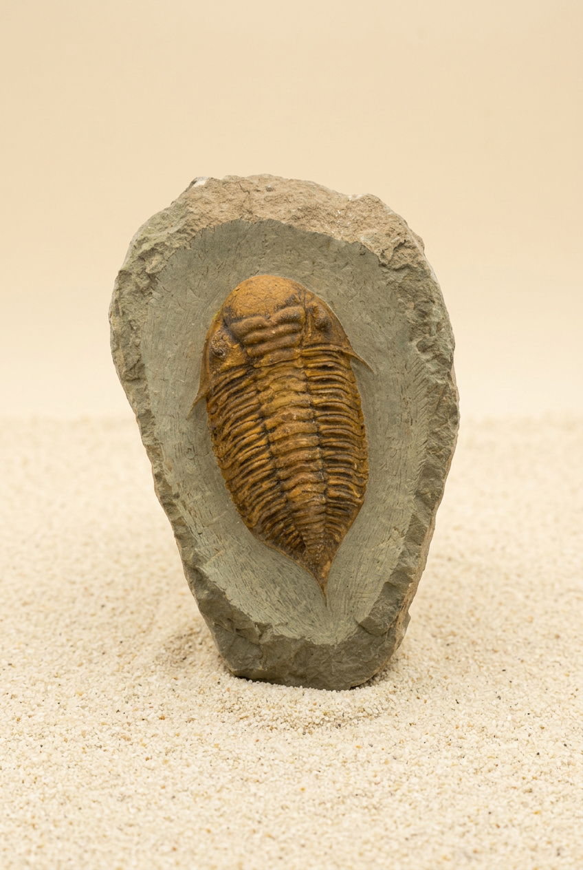 Trilobit mit warmem sandfarbenem Hintergrund
