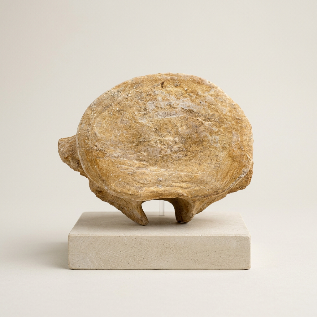 Originaler fossiler Plesiosaurier-Wirbel auf einem hellen Präsentationssockel vor einem neutralen Hintergrund in Creme- und Steintönen.